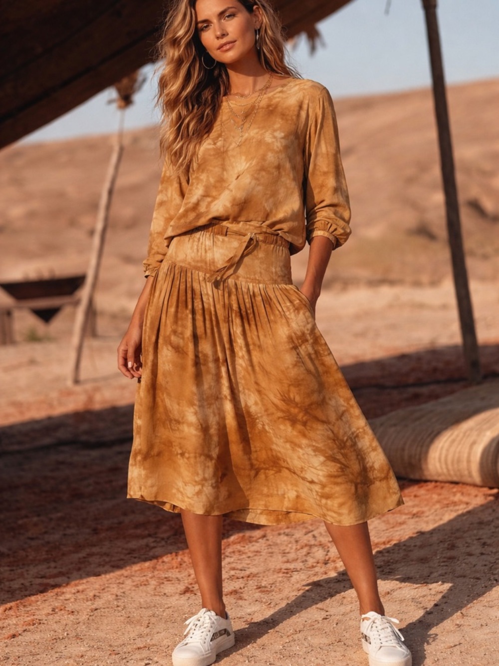 Madewell Tie-Dye Midi Skirt | XS | Boho Neutral Brown